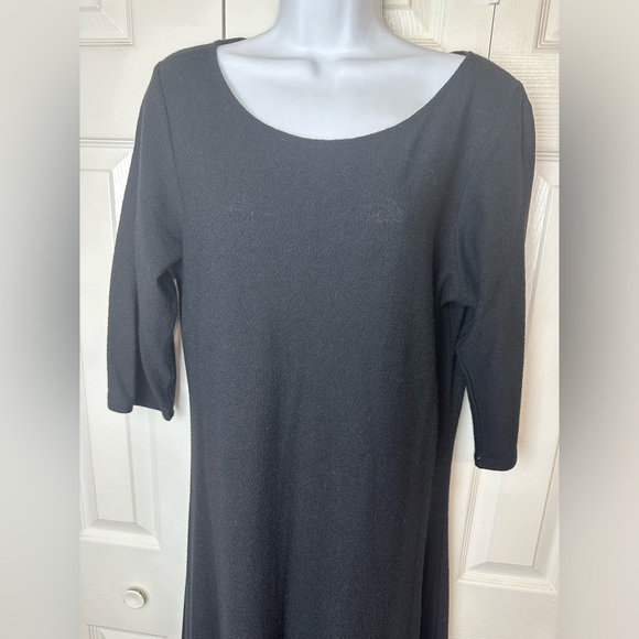 EILEEN FISHER 100% Wool Crepe Midi Dress Black Knit Pullover Handkerchief Hem - Picture 4 of 13